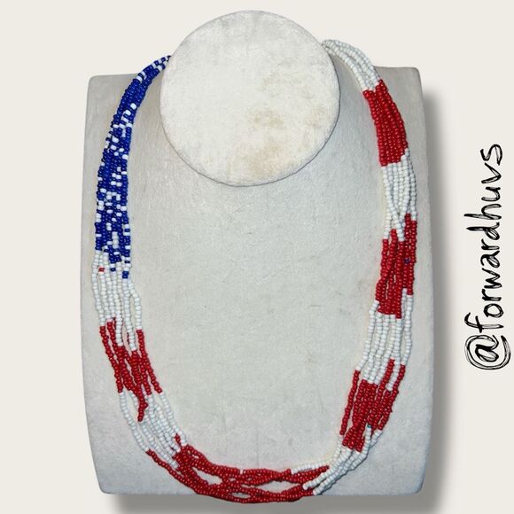 7-Strand Patriotic Seed Bead Necklace – Red, White & Blue - Picture 3 of 7